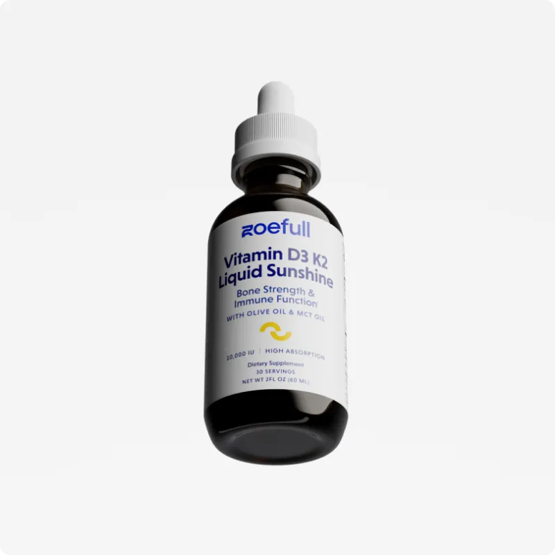 Zoefull Vitamin D3 K2 Liquid Sunshine bottle with dropper on white background