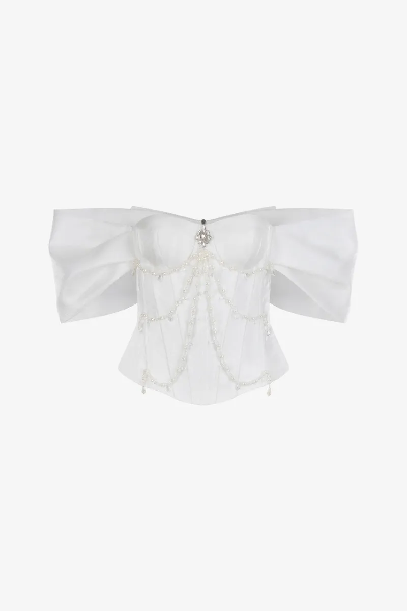 Kalisa Gleaming Pearl Embellished Top With Skirt Set shown as complete set