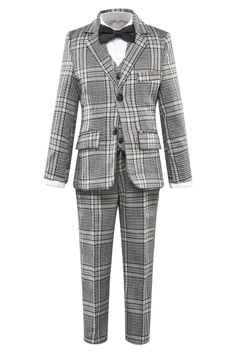 Wehilion Grey and White Plaid Elegant Formal 3 Piece Boys Suits shown as a plaid three-piece suit