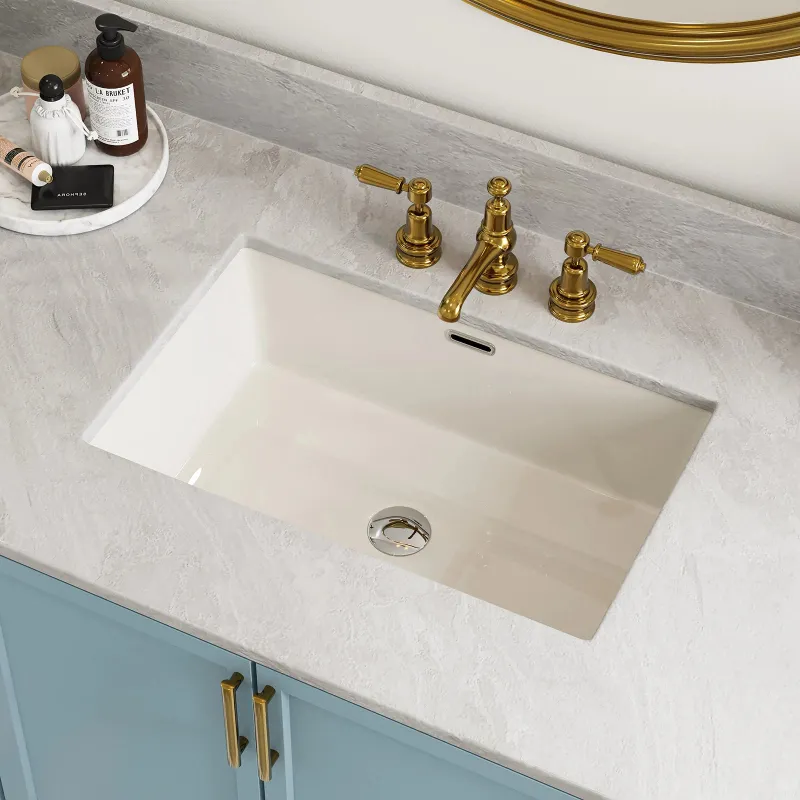 HOROW Biscuit Color Bathroom Sink with Flush Mount, biscuit ceramic sink installed in a modern vanity.