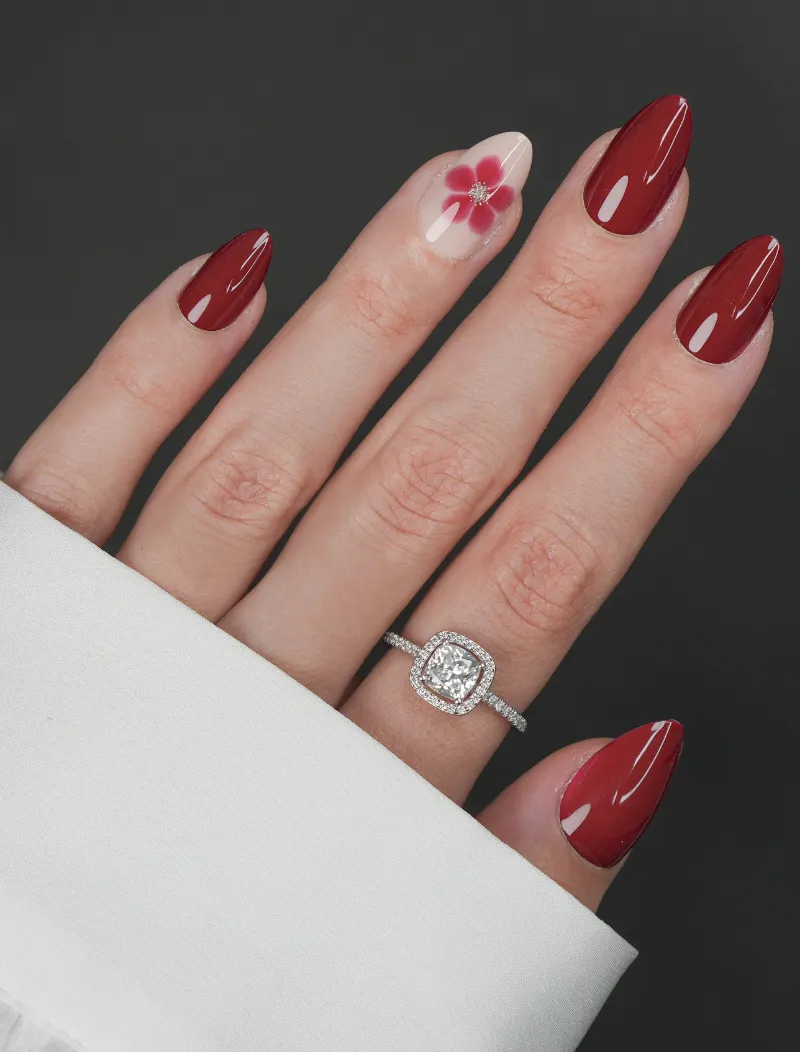 Roxy Nails Paris Cherry cola press-on nails in cherry red with watercolor flower detail
