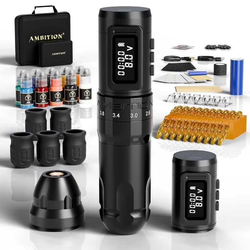 Ambition Tattoo Mars-U Wireless Tattoo Machine Kit 2 showing pen machine, dual batteries, cartridges and complete accessories in storage cas