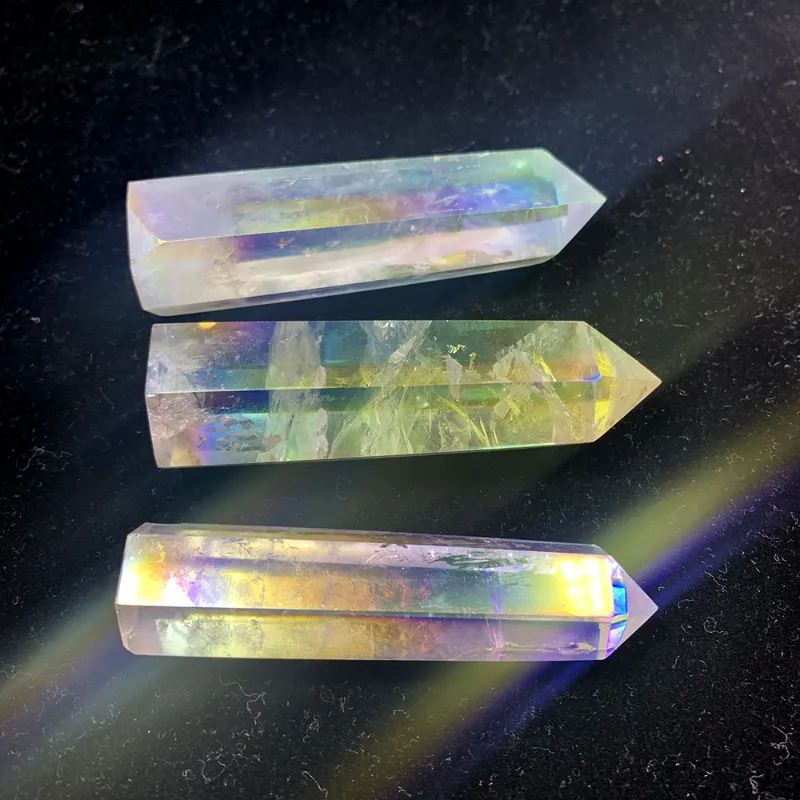 Turix Angel Aura Quartz Points with rainbow iridescent coating on clear crystal