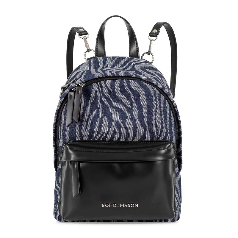 Bond & Mason The Megan Backpack shown as a nylon and vegan leather backpack with silver hardware