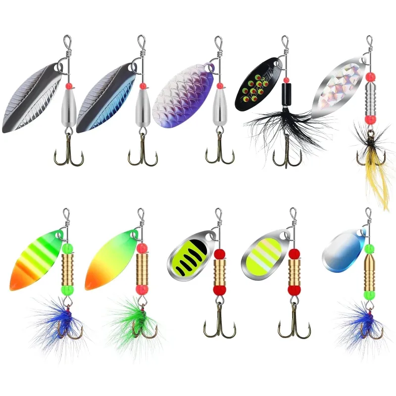 Truscend Fishing 12Pcs Rooster Tail Spinnerbaits Fishing Lures with spinning blades and treble hooks