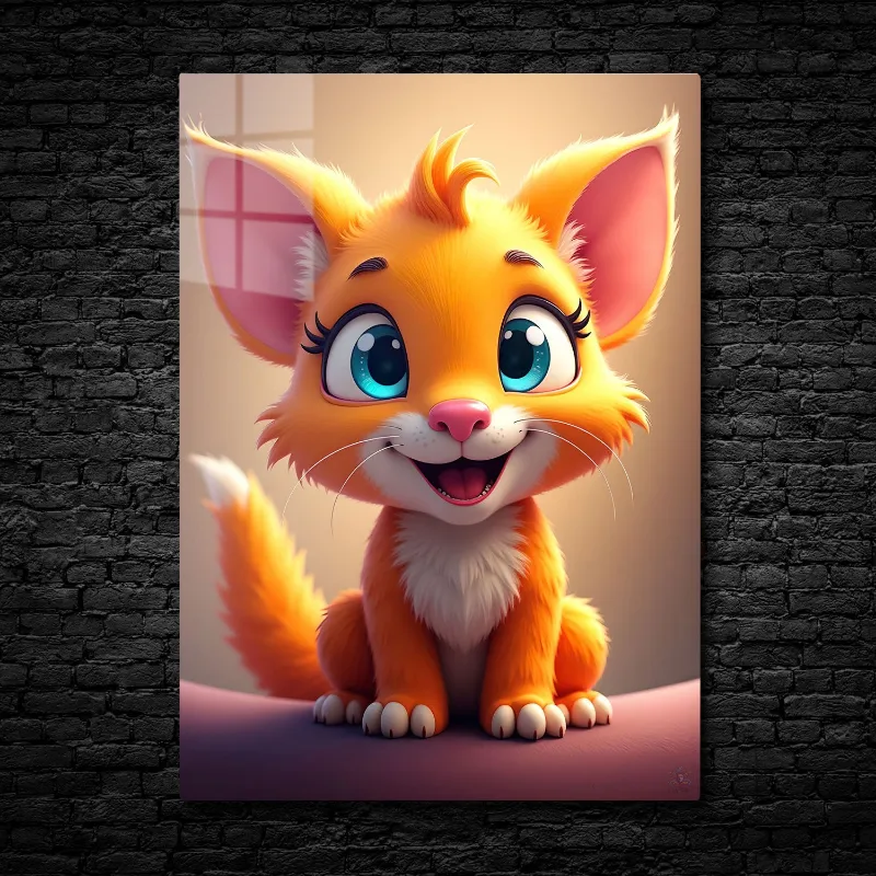 CruArt Sunny Paws metal print of happy orange kitten with blue eyes and fluffy tail