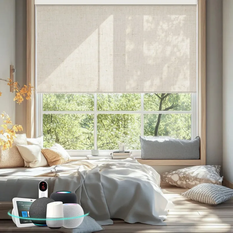 Bringnox Motorized Light Filtering Roller Shades 70% Blackout Linen covering window