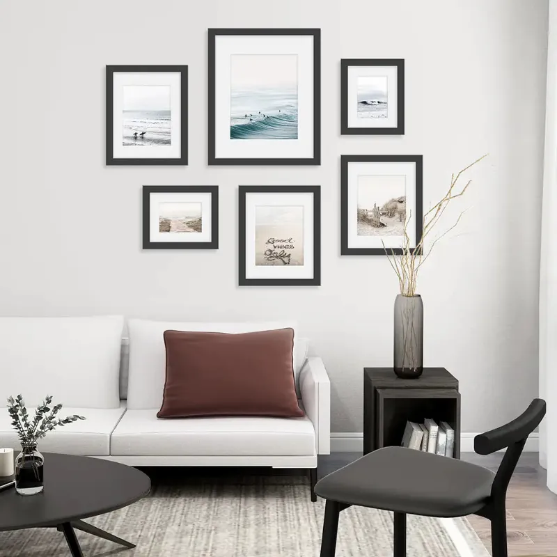 Wall Art Set Beige Blue Coastal Gallery Wall showing set of 6 prints