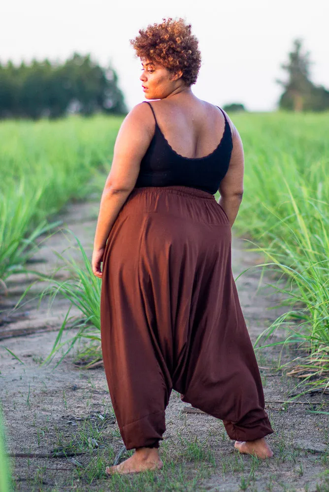 Hippie Pants Plus Size Brown Classic Pants, soft harem pants shown front