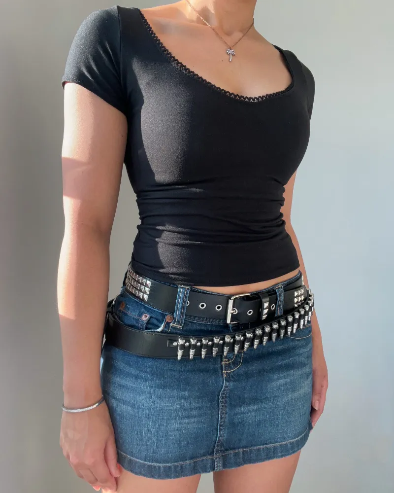 Bit By Angie Basic scoop baby tee (black) black baby tee with lace trim on model