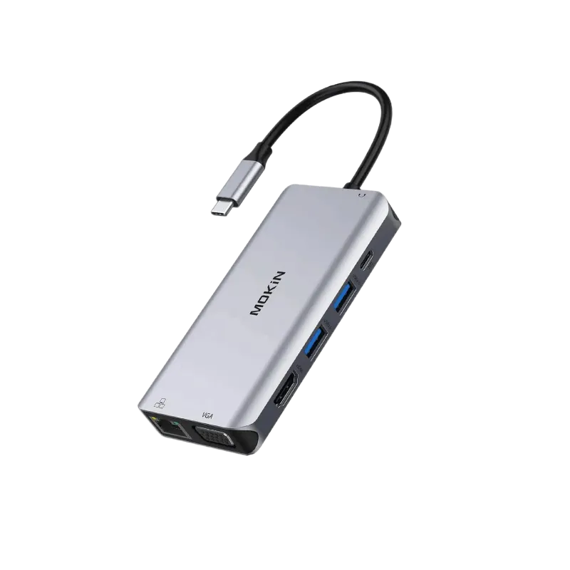 MOKiN 10 IN 1 Dual Display USB-C Hub with 4K HDMI connector showing multiple ports