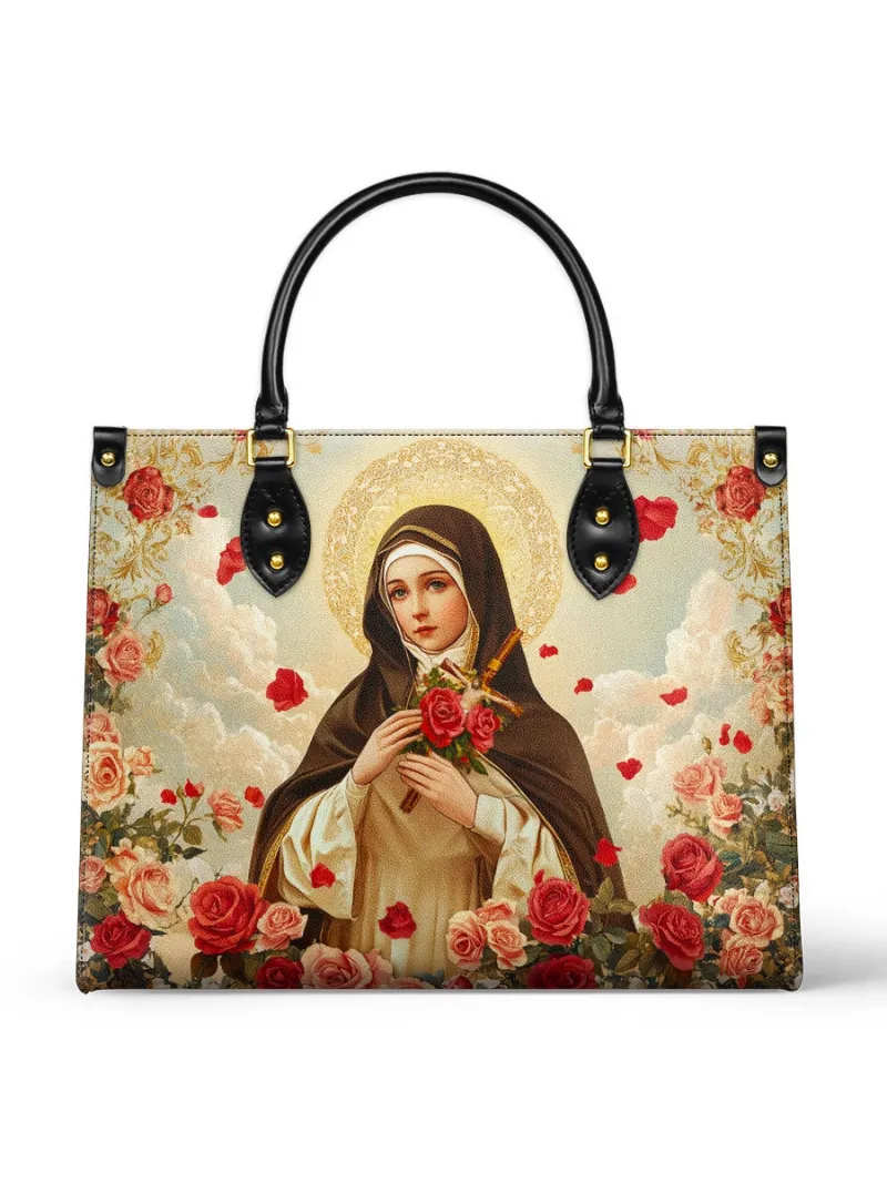 Catholight Little Flower Elegance Leather Bag with Saint Thérèse holding a rose and golden halo