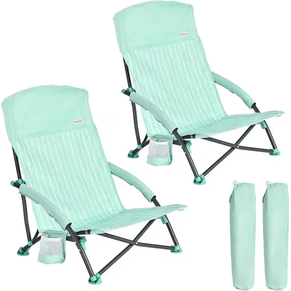 SunnyFeel Outdoor Sunnyfeel Folding Low Beach Chair, 2 Pack, Mint Green, two low folding mesh chairs shown in mint green