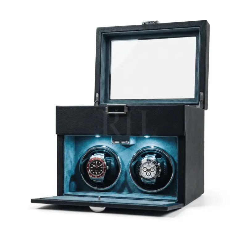 Rotation Horlogère Coffret du Sellier remontoir 2 montres automatiques noir avec 8 rangements and dual glass windows