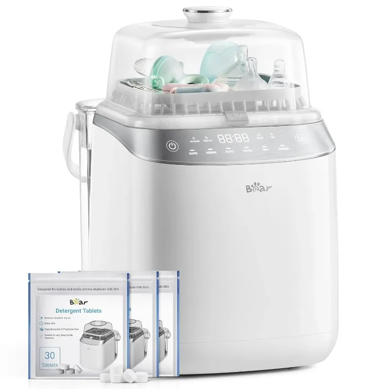 Bearforbaby Bear Bottle Washer Pro, white machine with front door open showing basket interior