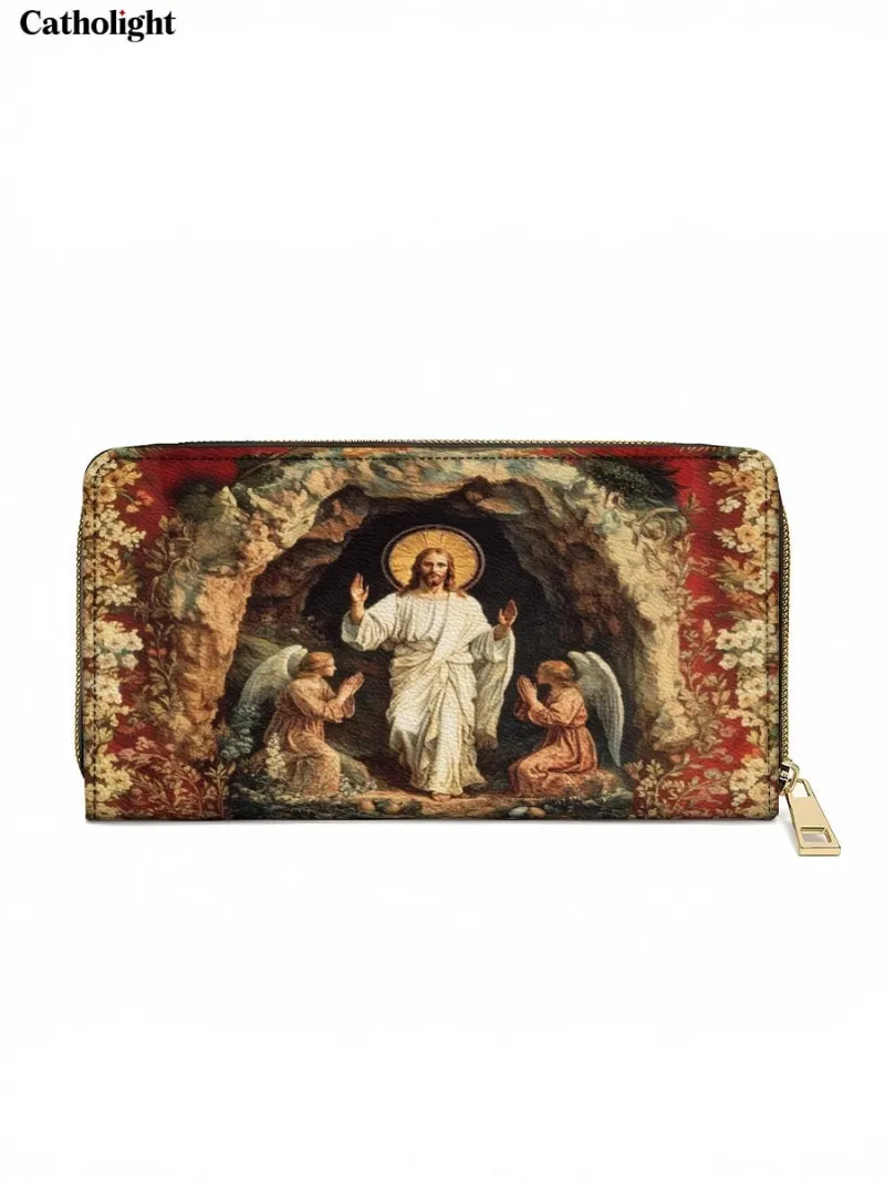 Catholight Triumph Of Light Leather Wallet Purse showing Resurrection of Christ artwork with floral border