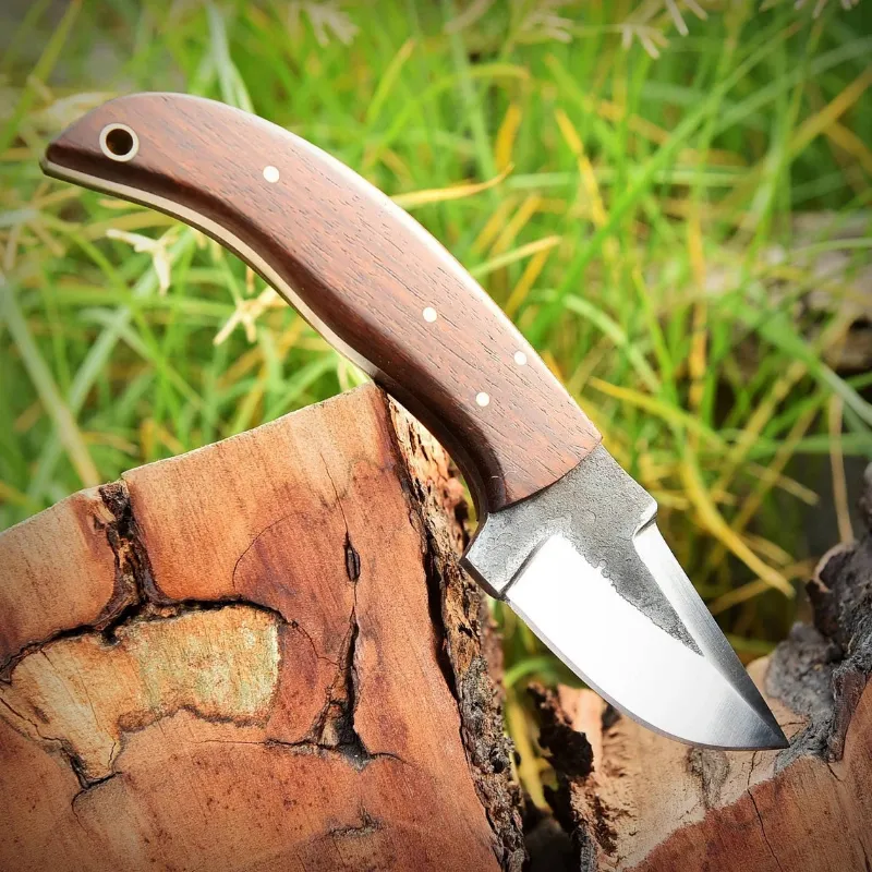 MyHackerTech custom handmade 1095 forged steel skinning knife with rosewood handle and leather sheath