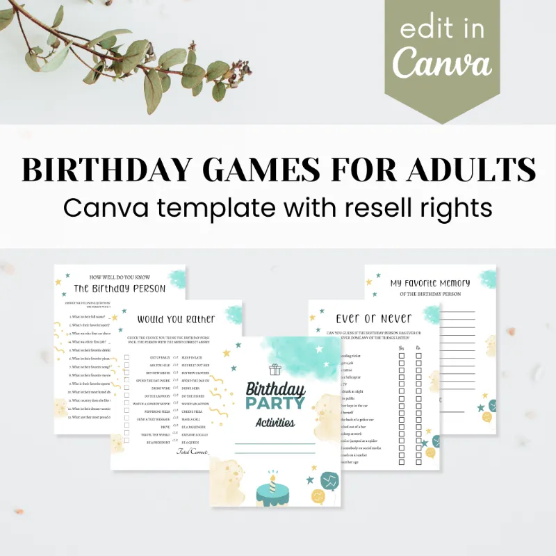 Purpose PLR Birthday Party Games for Adults Template, sample game pages
