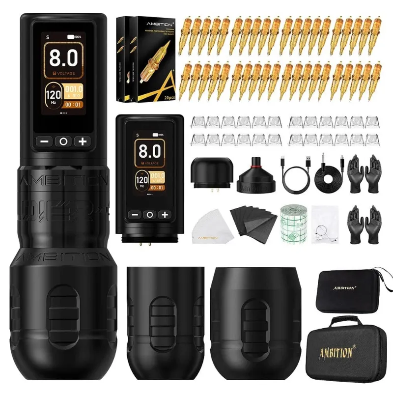 Ambition Tattoo Soldier 270 Wireless Tattoo Machine Kit featuring brushless motor pen, metal grip, dual stroke cams and full accessories