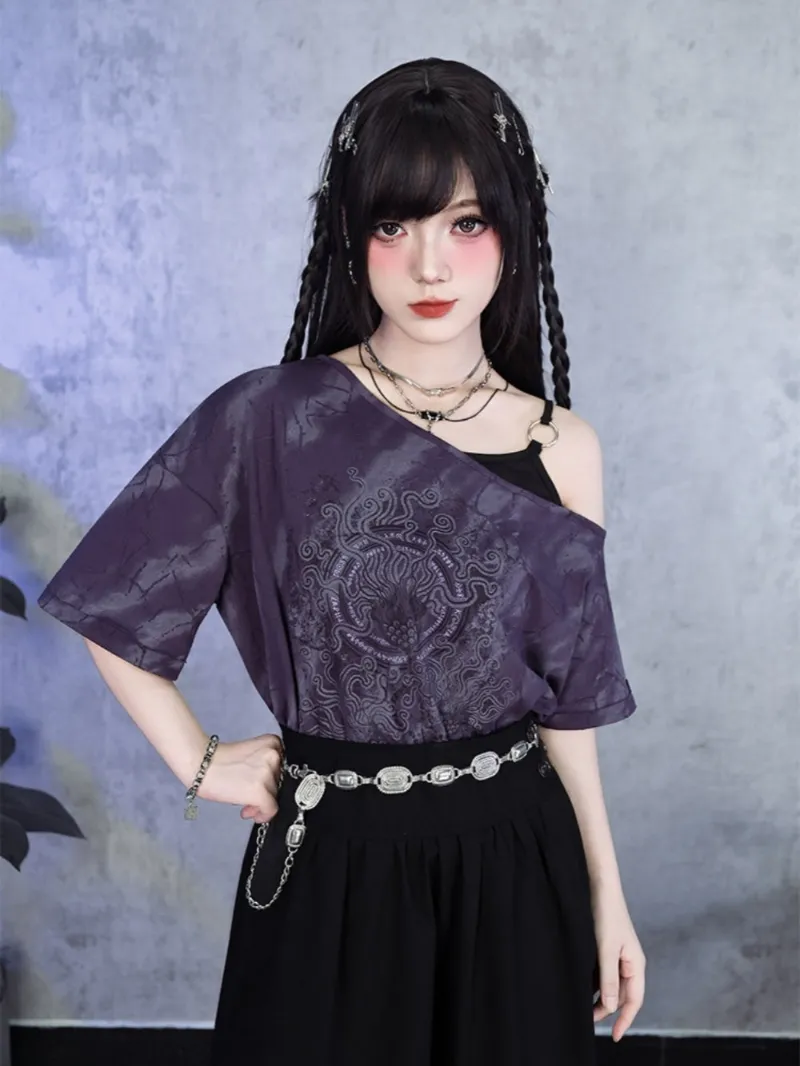 Juwas Asymmetric Off-Shoulder Tie-Dye Tee highlighting the colorful patterns and dropped shoulder design.