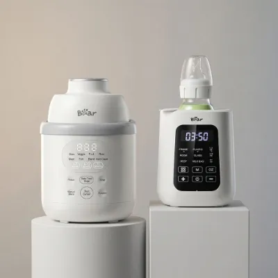 Bearforbaby bundle showing stainless steel food maker and compact bottle warmer side by side