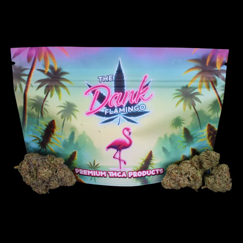 THCA Small Buds Dank Gatorade THCA Flower ounce packaged in Dank Flamingo branded bag