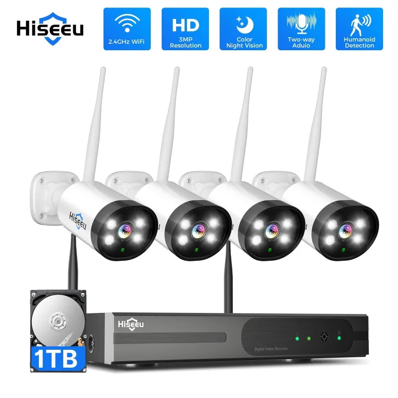 Hiseeu 2K Wireless Security Camera System with NVR recorder and four outdoor cameras