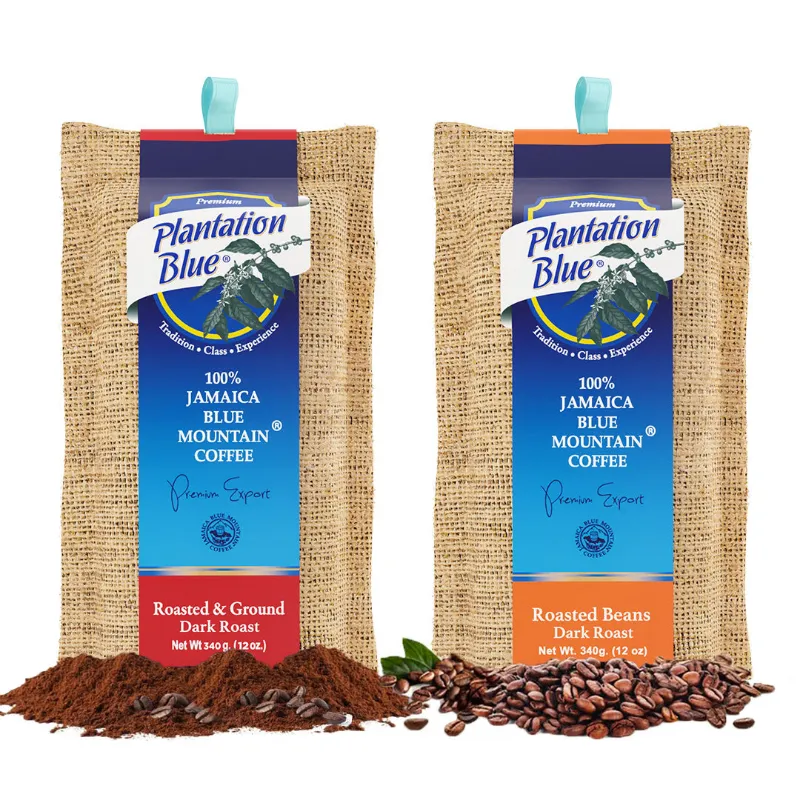 Plantation Blue Coffee Jamaica Blue Mountain Coffee Dark Roasted bundle showing 12oz whole beans and 12oz ground bags