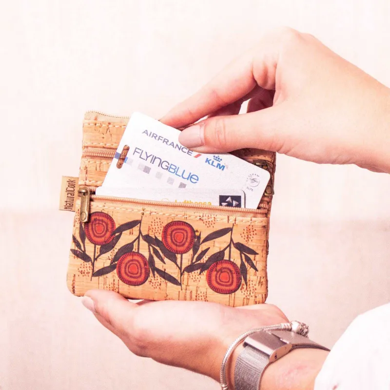 Corkadia Camellia floral purse in rustic cork, a small floral print zip pouch