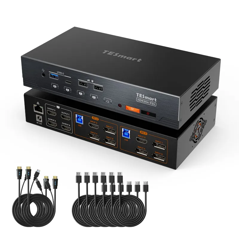 TESmart Quad 4K60 HDMI DP KVM Switch with USB 3.2 Hub and Gigabit LAN for 2 PC workstation