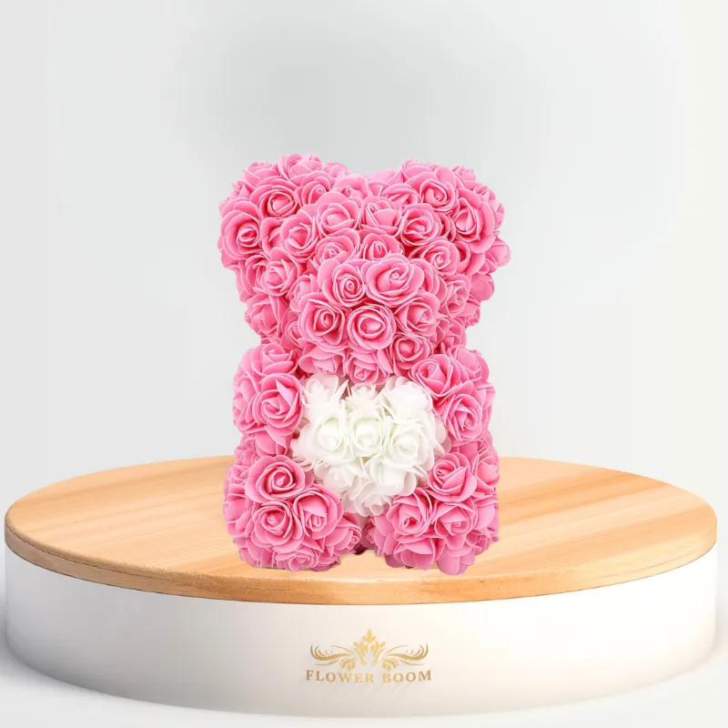 Flower Boom Dallas Rose Bear made with artificial roses in compact 10 inch size