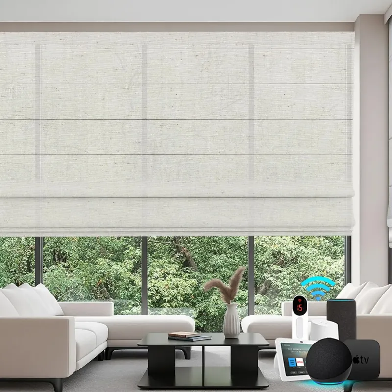 Bringnox Light Filtering 70% Blackout Motorized Roman Shades Linen fabric folded on window