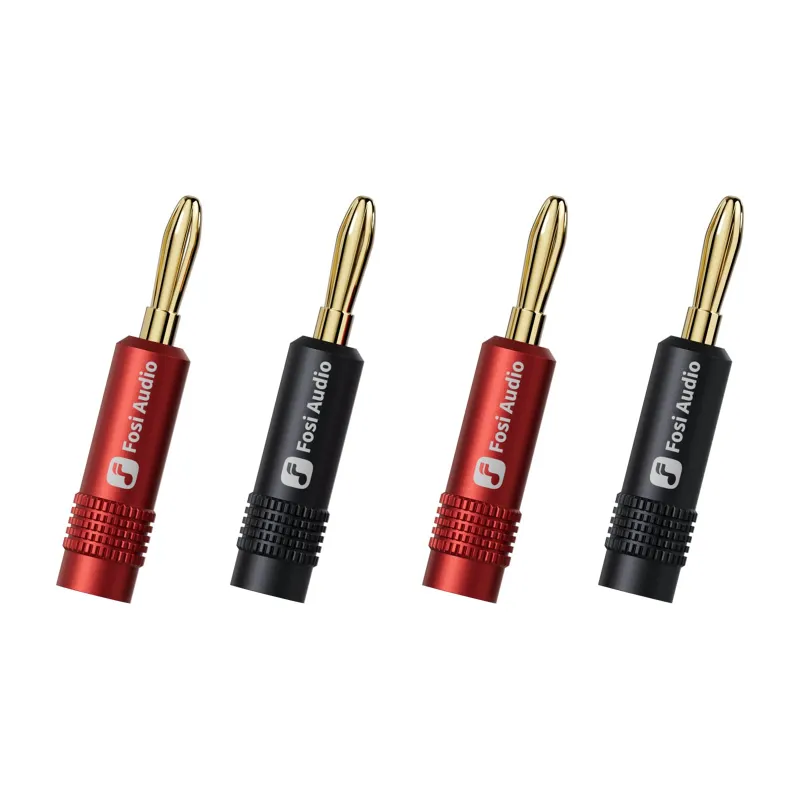 Fosi Audio Speaker Banana Plugs 2 Pairs showing gold plated connectors and aluminum housing