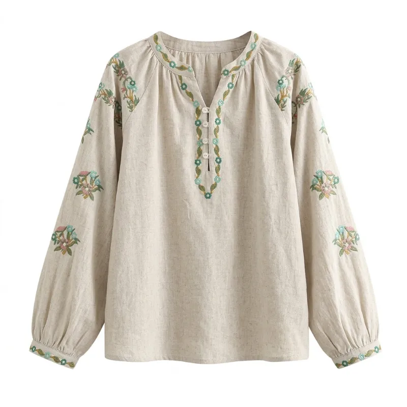 Cottagecore Clothes Cottagecore Embroidered Folk Blouse with teal floral embroidery and lantern sleeves