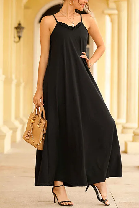 Mislish Black Spaghetti Straps Backless Long Dress, full length black gown with open back