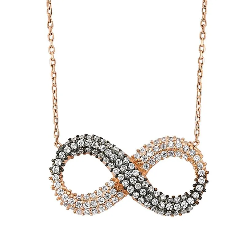 Amorium Jewelry Infinity Necklace Pendant in Silver with Black Diamonds, infinity symbol pendant with black crystals