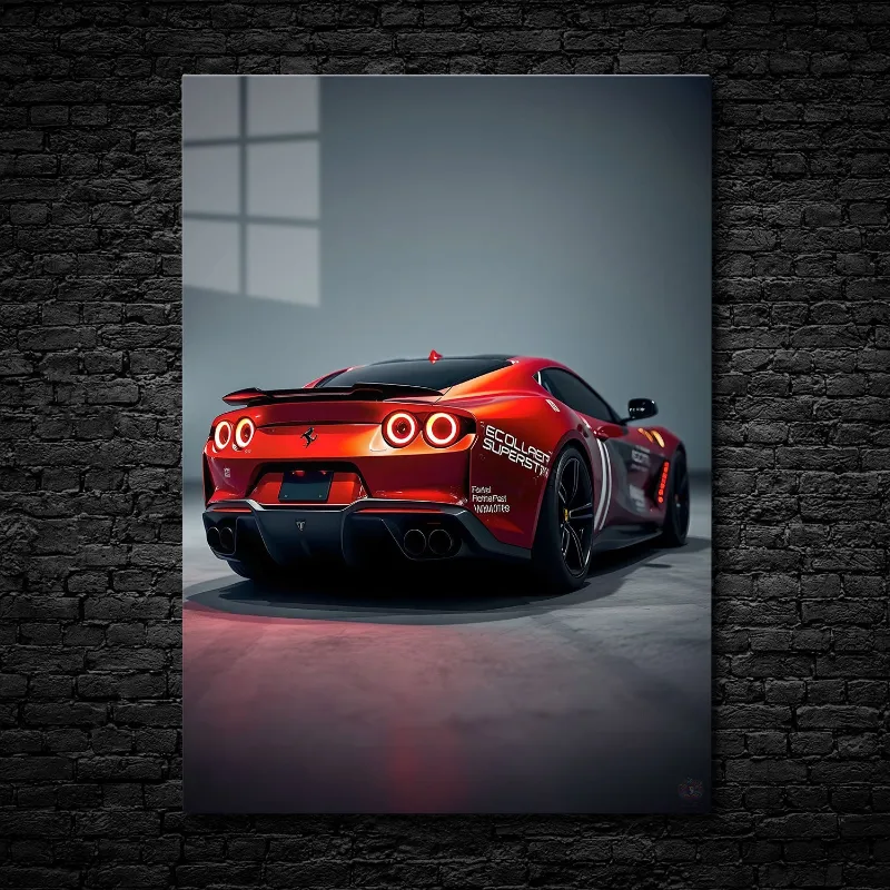 CruArt Racing Inferno Metal Print showing red supercar with racing decals and glowing taillights