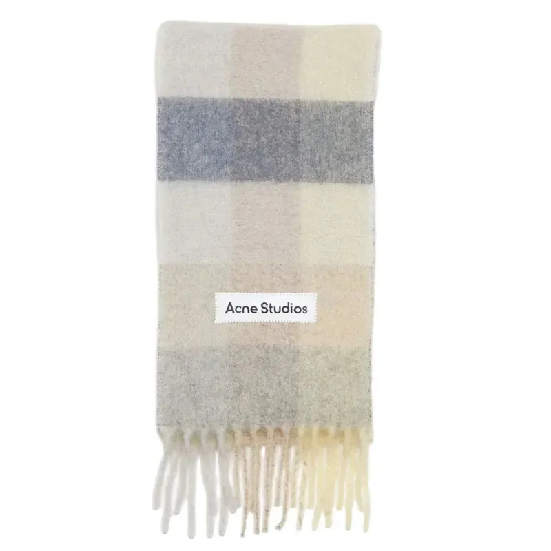 AfewVibe Acne Studios Mohair checked scarf Vanilla beige lavender with fringed ends