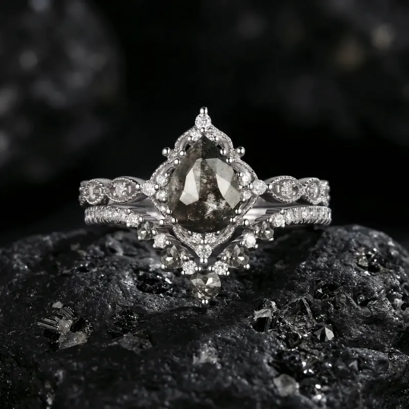 Starlandus Elara antique pear natural salt and pepper diamond engagement ring set with milgrain detailing