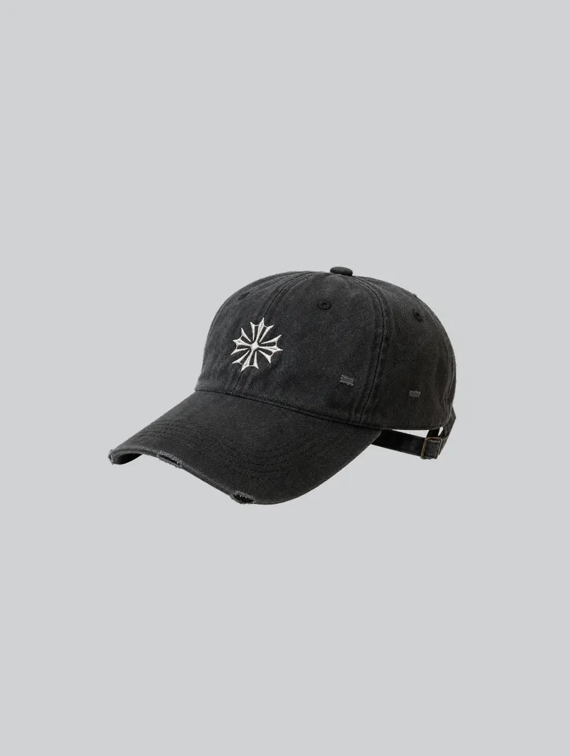 ARNTREAL Wash logo Cap, adjustable black polyester cap with distressed finish and cross logo