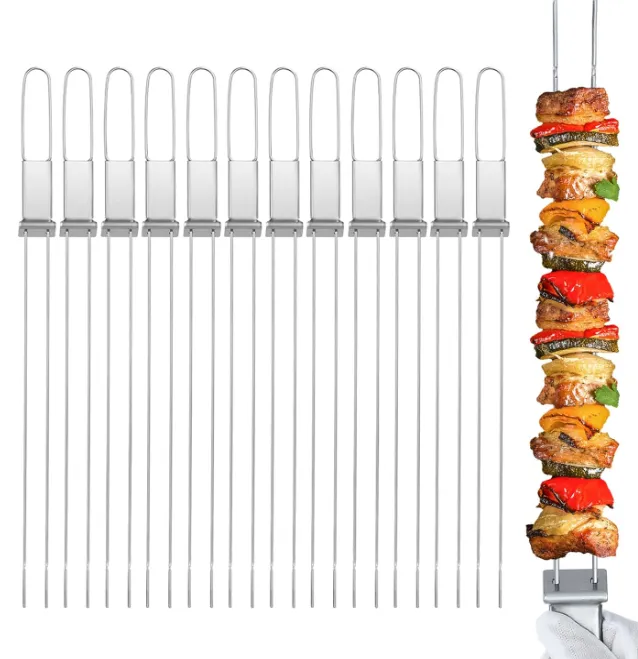 GrillPartsReplacement 12pcs 17 inch double pronged BBQ kabob skewers with push bar
