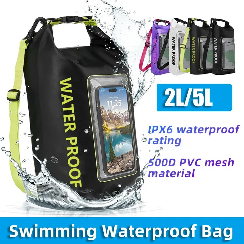 PUPU Sports 2L/5L Waterproof Dry Bag with Touch Screen Phone Pouch Floating IPX6 Sack showing transparent phone window