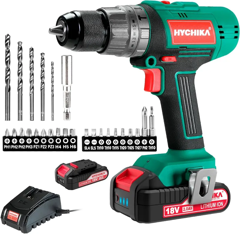 HYCHIKA Cordless Brushed Motor Drill Driver 18V, 45 N.m Max with battery and accessory set