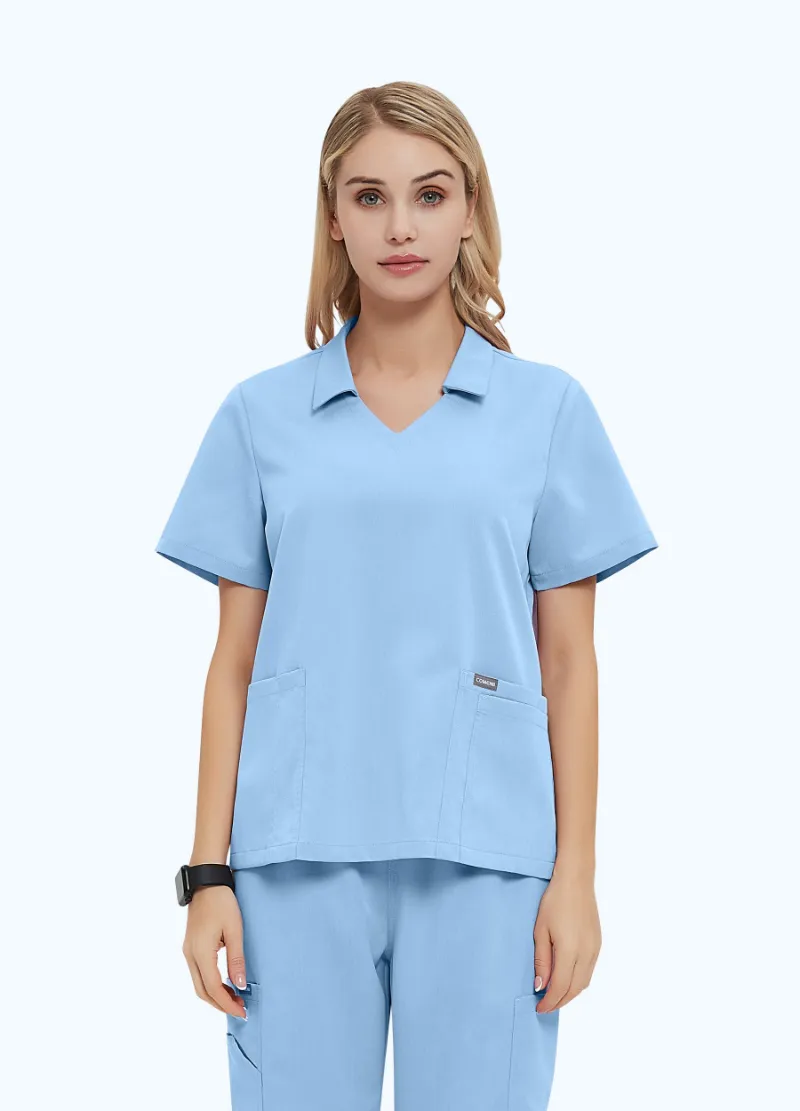 COMENII ElegCare Collar Scrub Top Ceil Blue showing fusion V-neck mandarin collar and front pockets