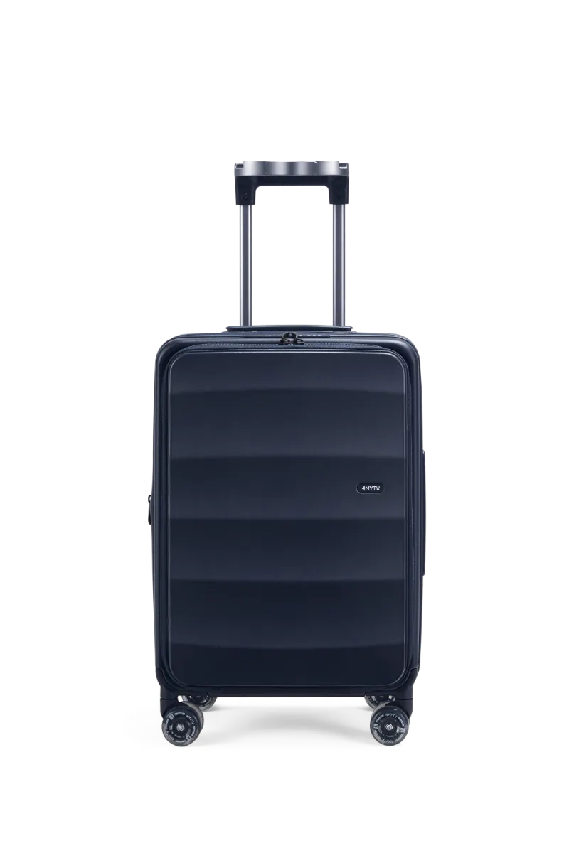 4MYTU Tank Bigger Carry-On in Navy front-opening suitcase with spinner wheels
