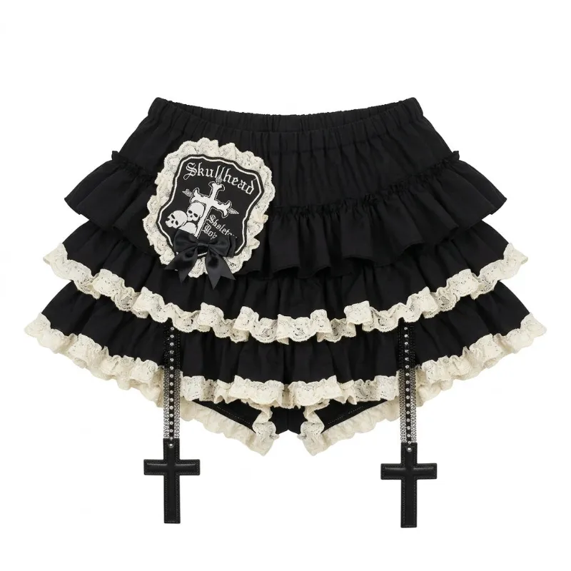 Shoptery Jirai Kei Gothic Cross Charm Ruffle Bloomers Mini Skirt with cross graphic print on solid base