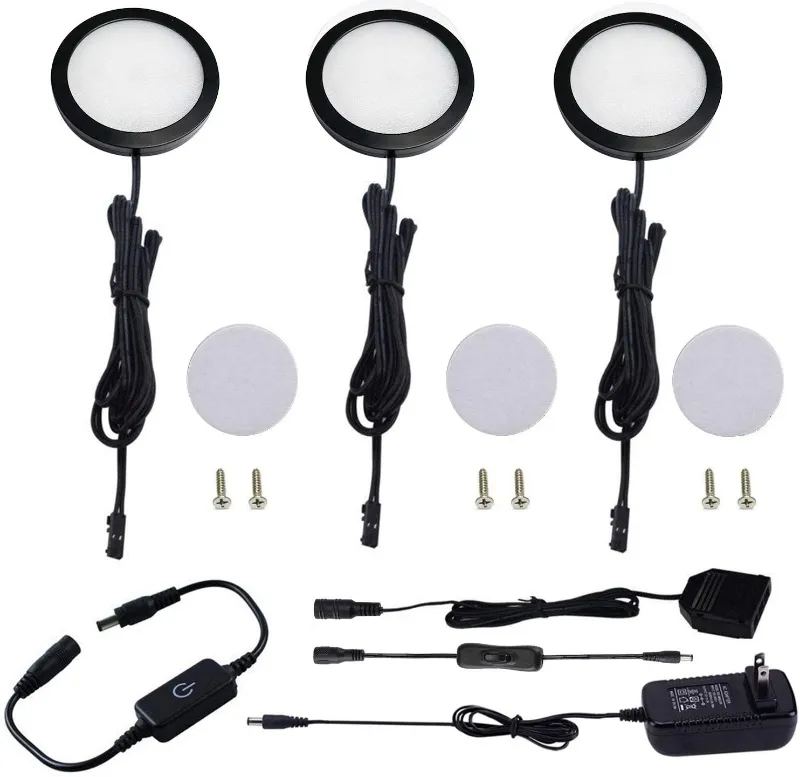 AIBOO Under Cabinet LED Black Cover Puck Lighting Kit with Touch Dimmer Switch for Kitchen Cupboard Closet Lighting, 3 puck lights under a c