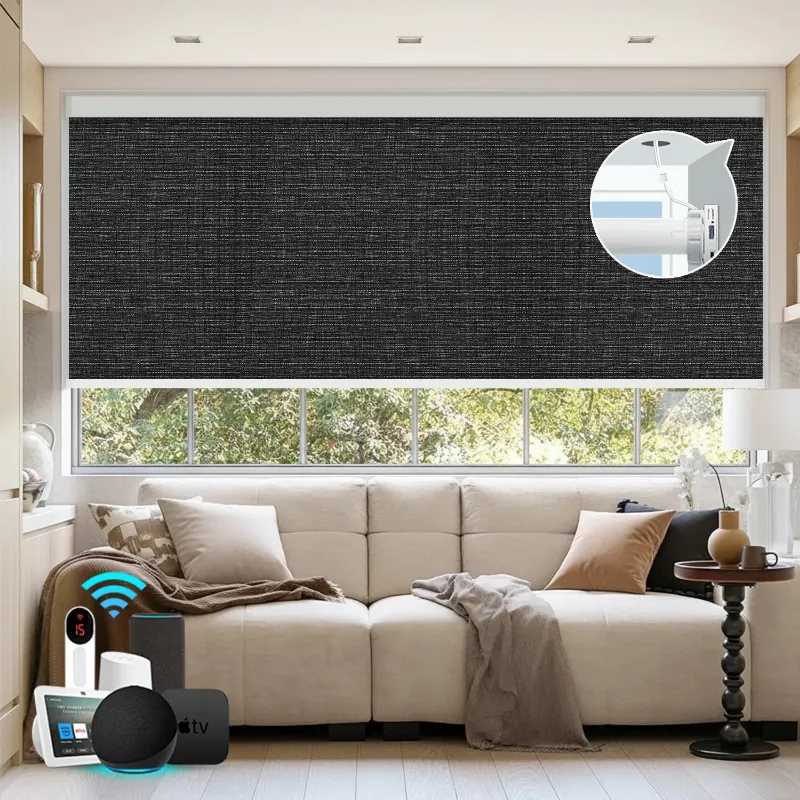 Bringnox Hardwired Motorized Roller Shades 100% Blackout Baltimore shade with textured fabric