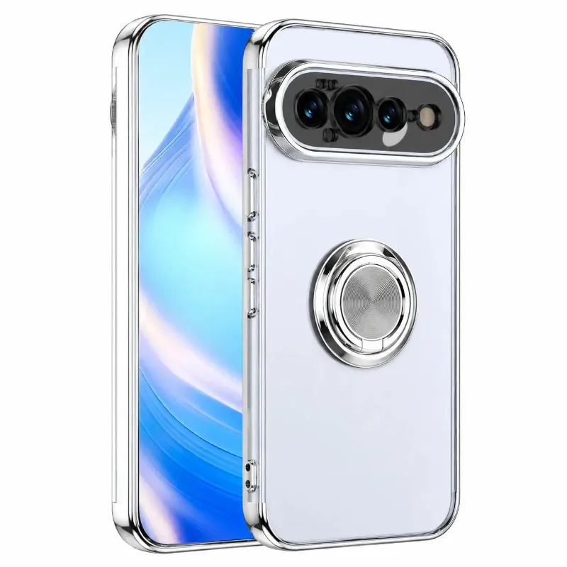 The Pixel Case Clear Magnetic Ring Stand Case for Pixel Series with glossy electroplated edges and transparent back