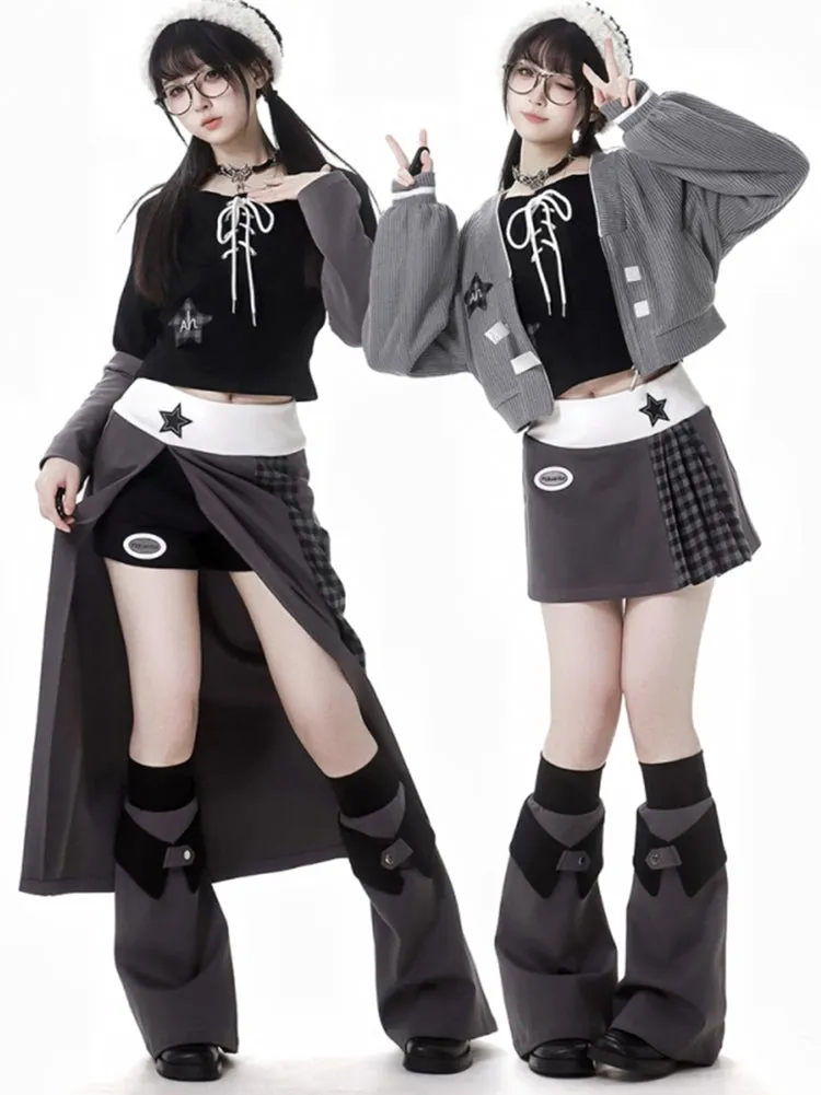 Juwas Antarctic Star Gray Knit Cardigan Top Skirt set flat lay